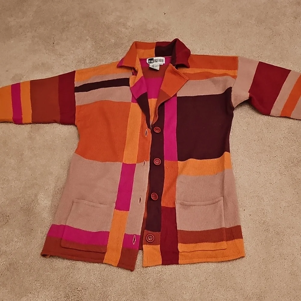 ORANGE MULTI COLOR BUTTON DOWN SWEATER - Picture 8 of 9